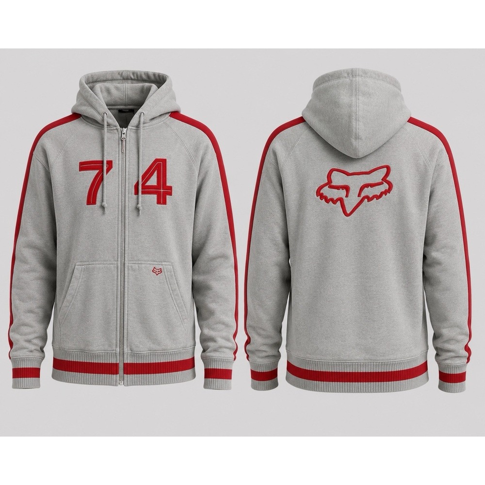 Y2K Fox Racing Fleece Jacket Mens XL  GRY RED TRIM  Full Zip  HOODED VARSITY